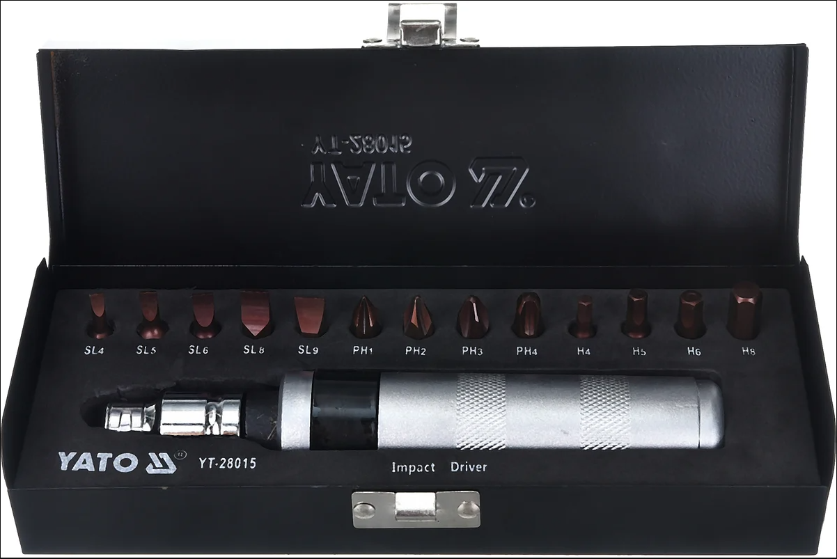 Отвертка ударная цельнометаллическая с битами 15шт YT-28015 YATO